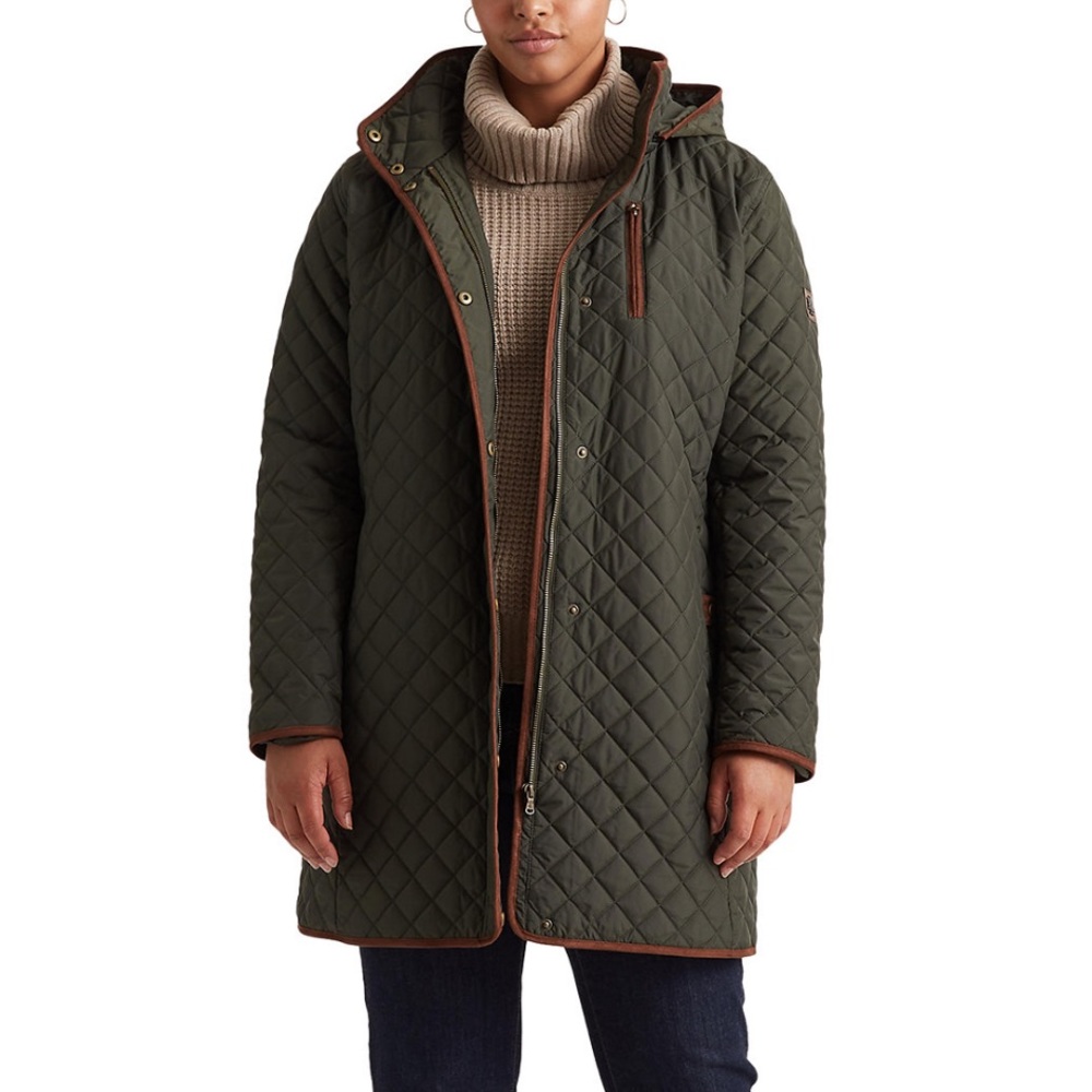Lauren Ralph Lauren Quilted Hooded Plus Size Faux Leather Trim Coat